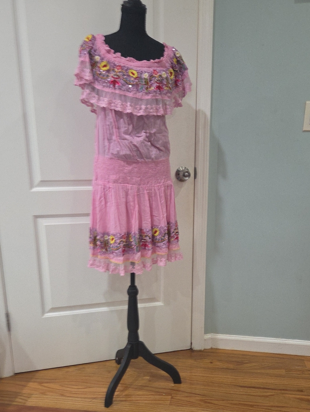 Pink Floral Ruffle Off Shoulder Dress